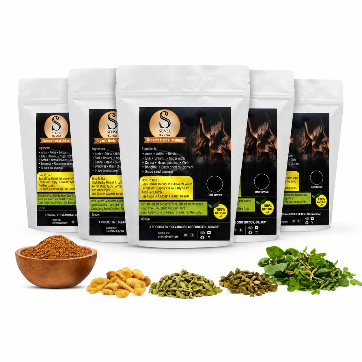 Ssense by Aish Organic Herbal Henna Powder 250g | Dark Brown Hair | Mahendi with Amla, Bhringraj, Brahmi, Aritha, Tulsi | Natural Dye, Grey Coverage, Long Lasting Color | Pack of 5-image-35