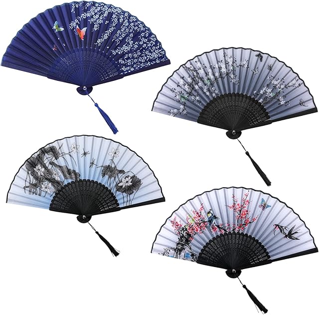 KINBOM 4pcs Folding Fans Handheld Bulk, Chinese Styled Vintage Flower Elegant Folding Fan Blue Black Folding Hand Fan Foldable Bamboo for Women Daily Use Party