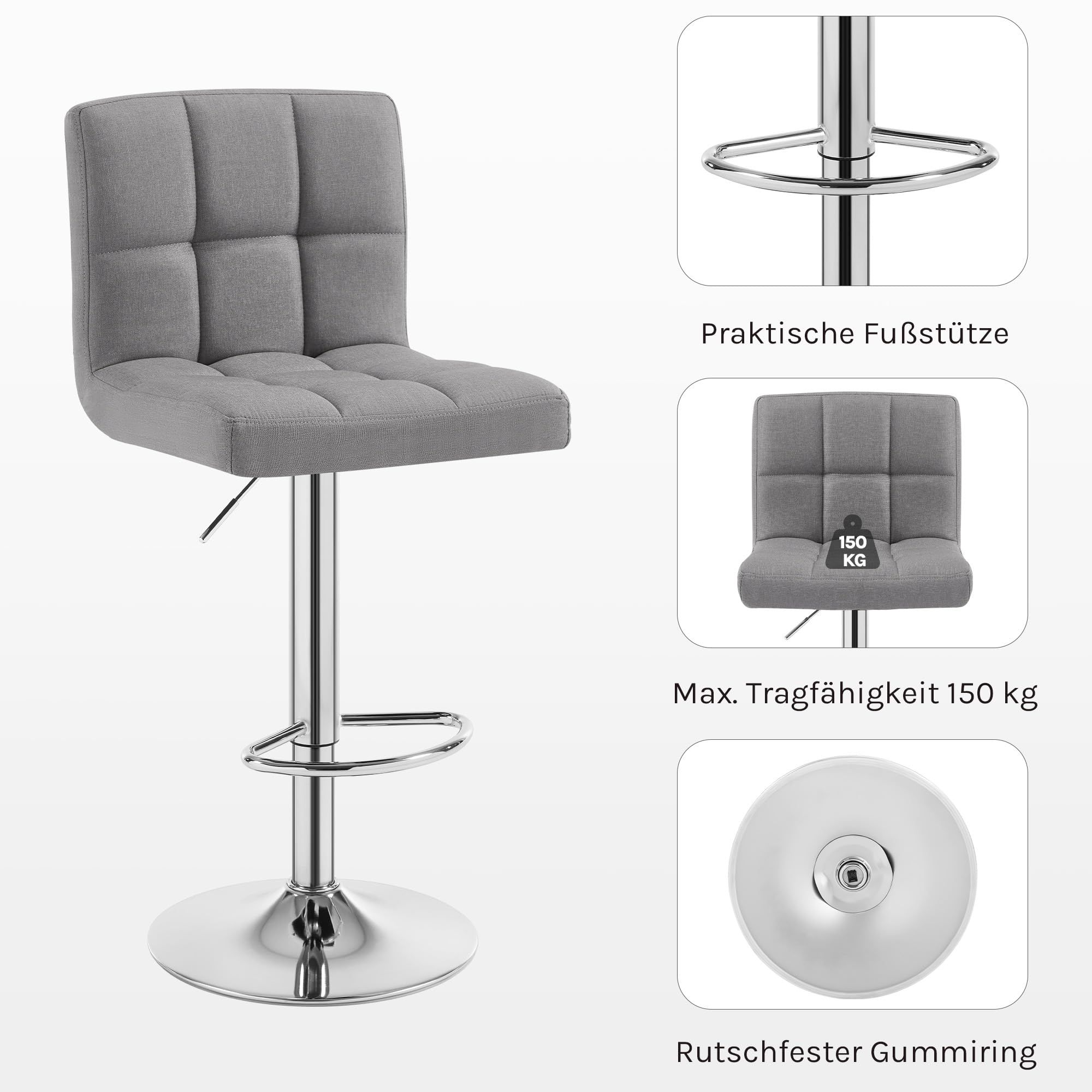 WOLTU Barhocker 2er Set Barstühle HellGrau, Höhenverstellbar, Drehstühle, Küchenstühle mit Rückenlehne und Fußstütze, Robuster Metallrahmen, gemütliche feines Leinen weiche Sitzfläche