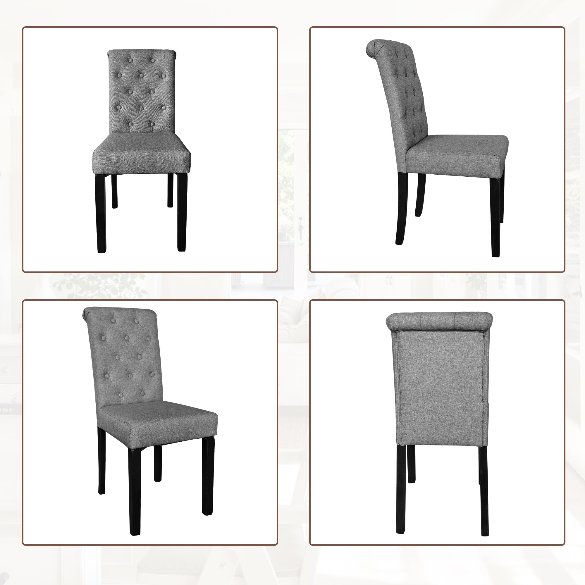 BonVache Esszimmerstühle 2er Set, Küchenstuhl Polsterstuhl mit hoher Rückenlehne, Beine aus Massivholz, Leinenoptik Gepolsterte Sitzfläche für Esszimmer, Wohnzimmer, Arbeitszimmer, Dunkelgrau