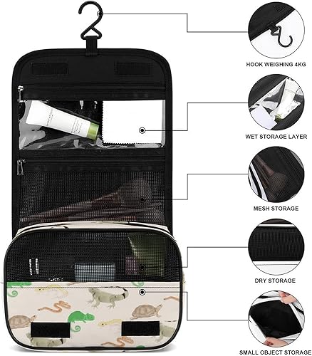 Miniatura 7 de Bolsa de aseo para reptiles de lagarto, tortuga, leopardo, Gecko, para mujer, bolsa de maquillaje de viaje, organizador de cosméticos con gancho