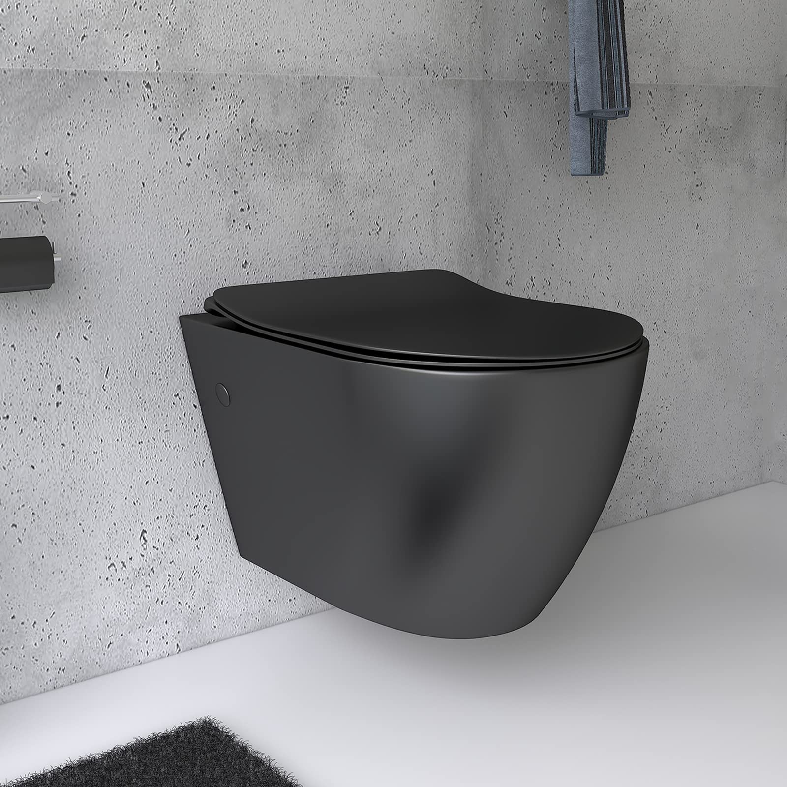 Alpenberger Hänge WC Spülrandlos in Schwarz Matt | Gäste WC Kloschüssel & Toilettendeckel mit Absenkautomatik | Keramik Toilette mit Nano Beschichtung | Wand WC Set Passend zu Geberit (Insara 9025)