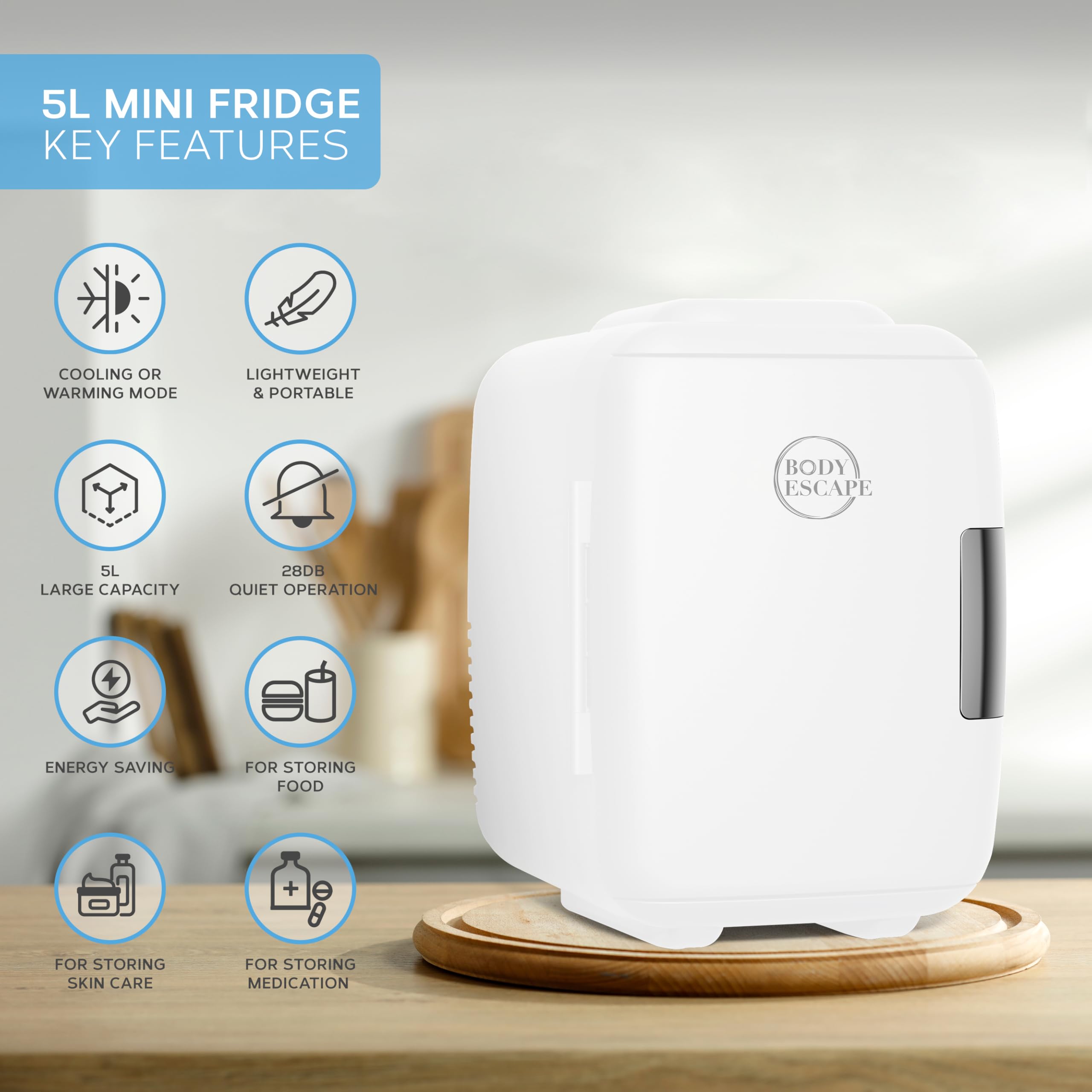 Body Escape Mini Beauty Fridge for Skincare - Birthday Gifts for Her - Retro, Portable, Compact and Quiet Small Fridge for Makeup - 5L - White Mono