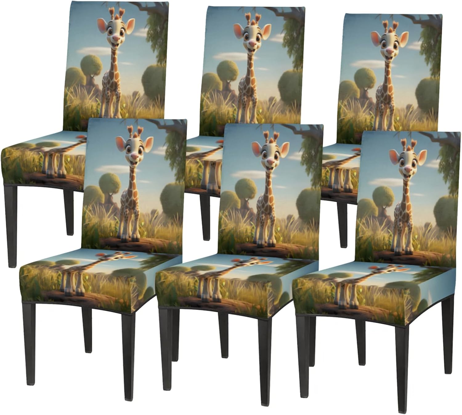 QsirBC Giraffe Meadow Stretch Dining Room Chair Covers Set of 6 Chair Slipcovers Removable Washable Kitchen Seat Covers Chair Protectors for Hotel Party Wedding