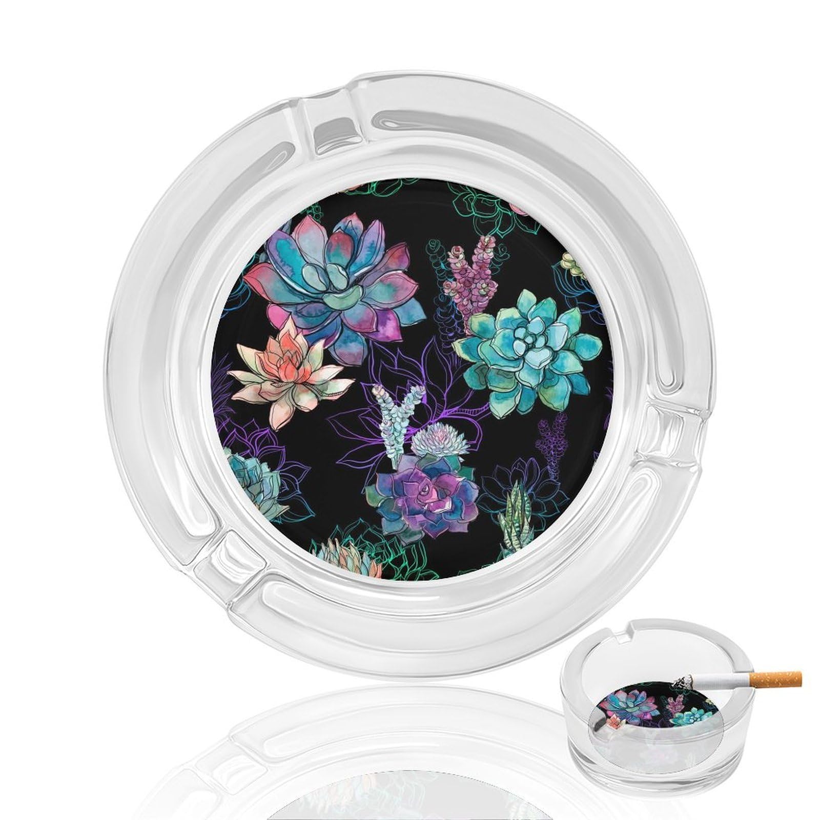 Colorful Succulents Pat Glass Ashtray 3.3 Inch Round Cigarette Ash Holder with 4 Grooves for Home Office Outdoor One Size