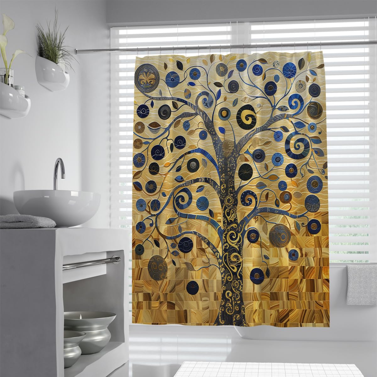 OLLIAR Home Abstract Artistic Tree Shower Curtain 150x180 Modern Luxury Brown Shower Curtains for Bathroom Waterproof Fabric Shower Curtain Set with Hooks