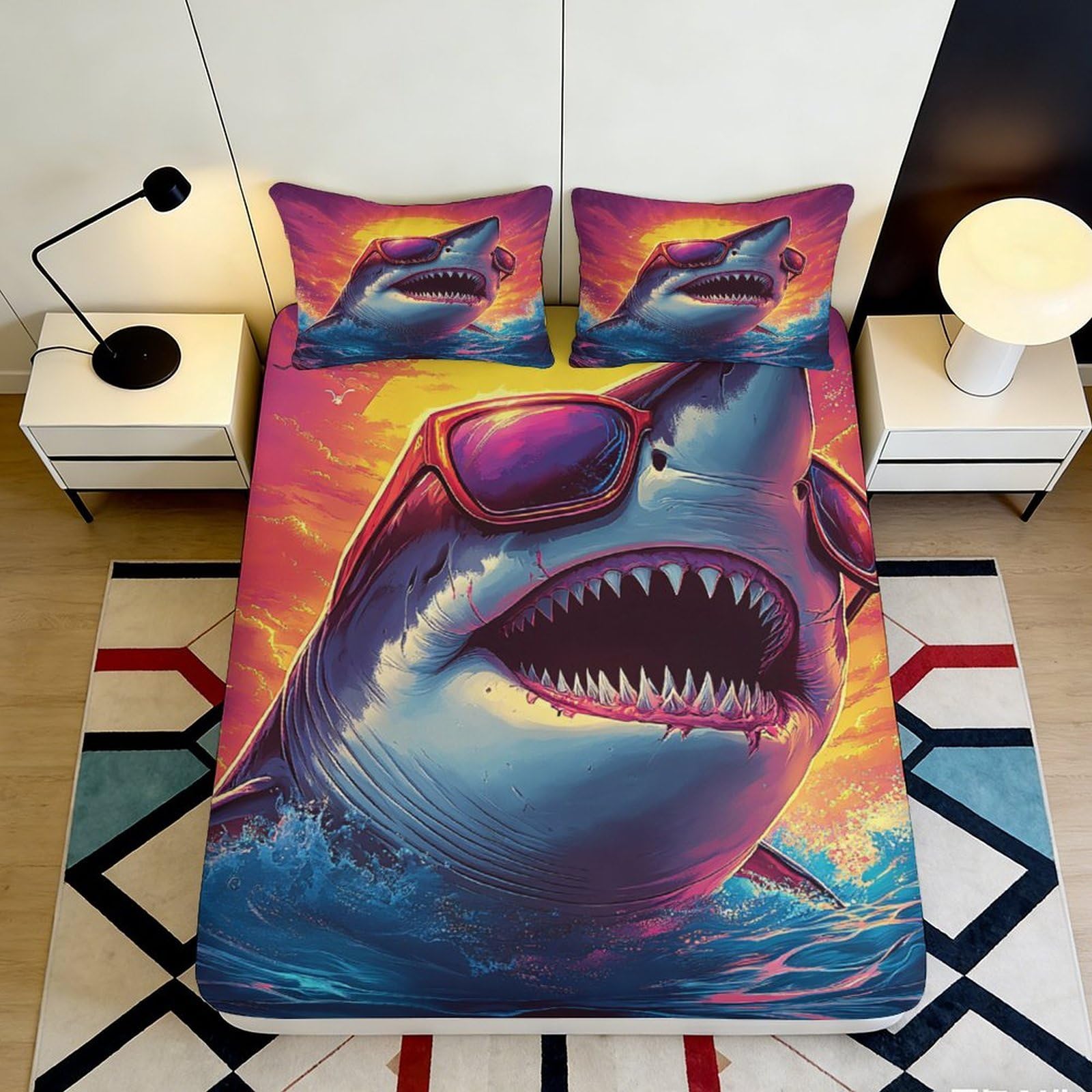 3D Printed Shark with Sunglasses Fitted Sheet Microfiber Colorful Ocean Sunset Mattress Cover for Bedroom Dorm Decor 90x200x25cm
