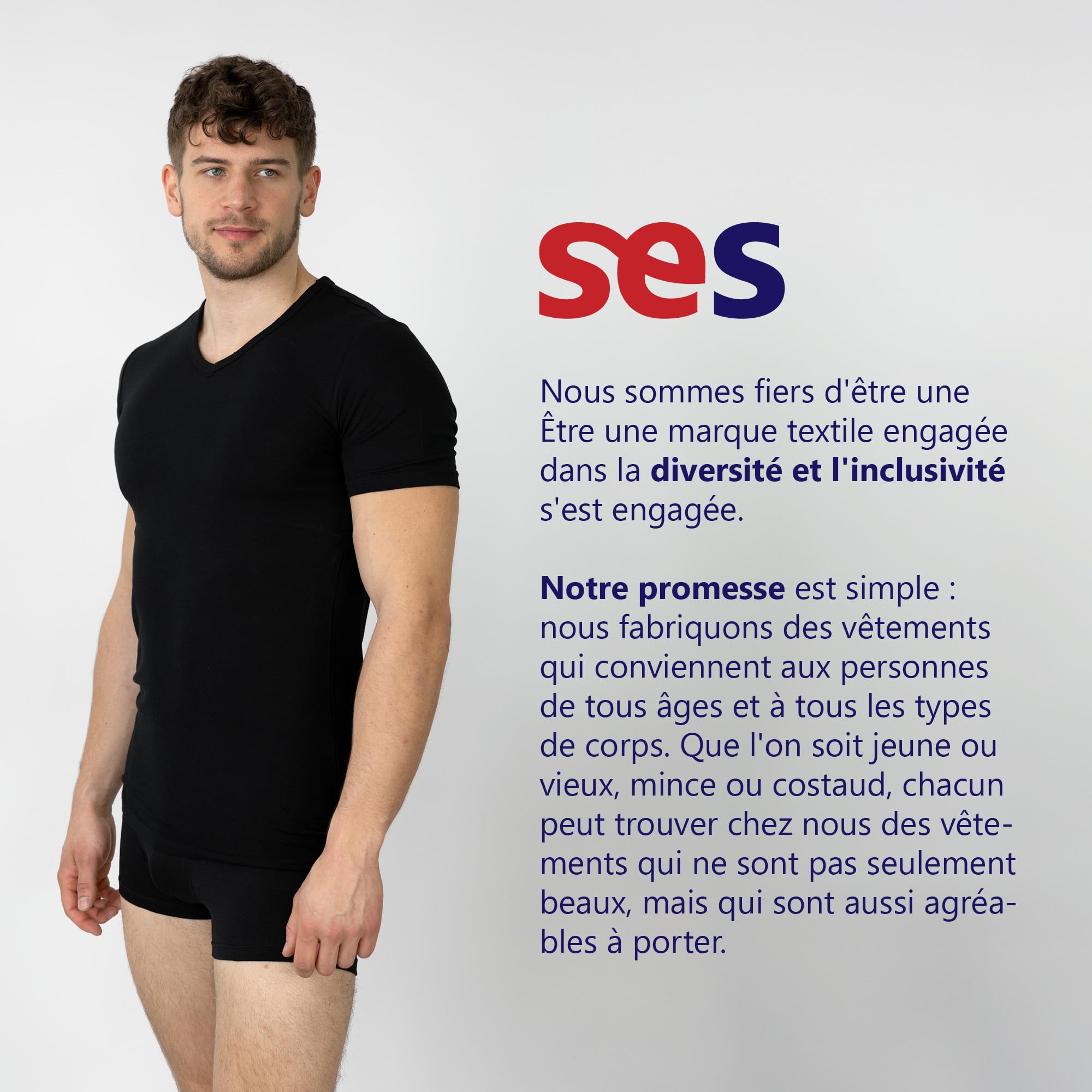 SES Lot de 2 maillots de corps basiques pour homme, avec col en V, 95 % coton, 5 % Eleastan, de qualité supérieure, pour homme, blanc, manches courtes