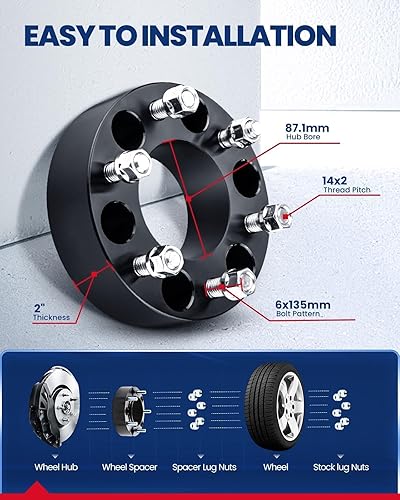 Vista 2 de KAX Espaciadores de rueda de 0.236 x 5.315 in, espaciadores de rueda centrados de 2 pulgadas y 6 lengüetas para F-15-0, Expedition, Mark LT, Negro