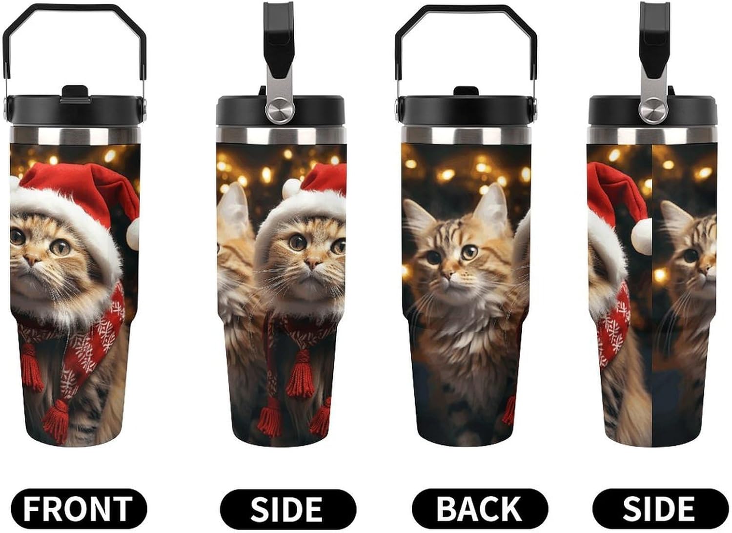 Christmas Cat Water Bottle 30 Oz Fits Car Cup Holder,Insulated Coffee Mug Large Capacity Car Cups,Stainless Steel Double Wall Sport Bottle for Travel Sports Gym