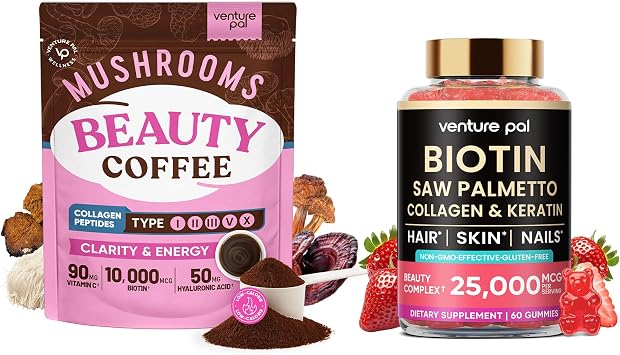 Venture Pal Biotin Gummies & Beauty Mushroom Coffee Bundle Hair, Skin & Nail Support with Collagen, Biotin, Vitamin C, Lions Mane & Chaga Energy, Focus, Immunity 60ct Gummies & 30 Servings