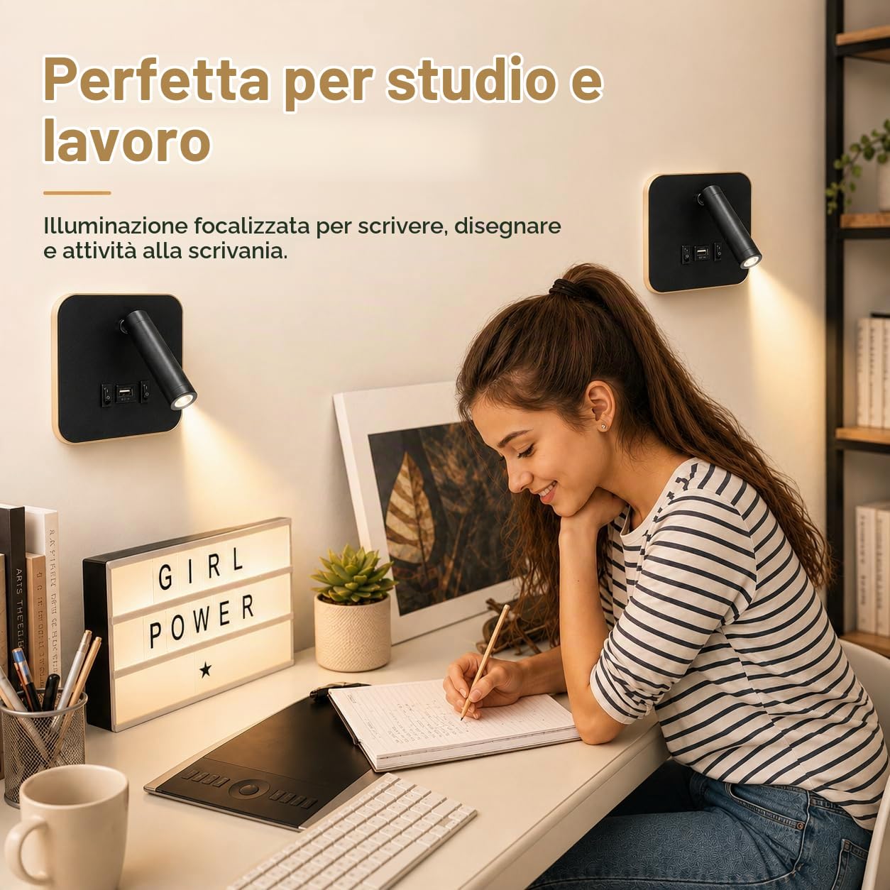 2Pcs Lampada da Parete LED, Applique da Parete Interno, Lampada da Lettura da Comodino con Porta di Ricarica USB e Interruttore, Regolabile a 360° Luce da Lettura per Camera da Letto Soggiorno