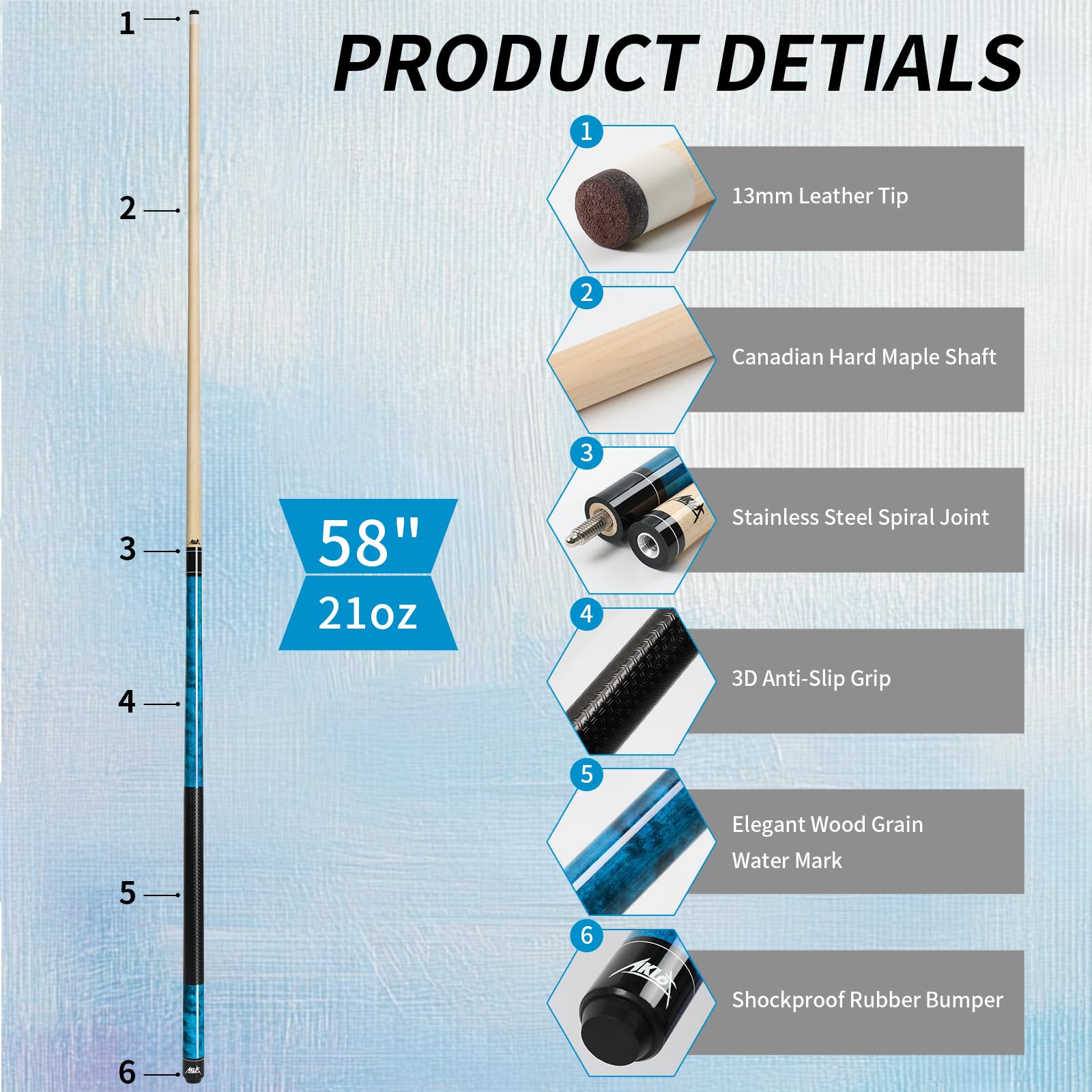 AKLOT Billard Queue, 1/4 Stück, Pool Queue107/ 147cm 42/58 Zoll, 510g-600g, Kanadischer Ahorn Billiard Köe, 13mm Leder-Spitze, 3D Griff, Pool Cues für Professionelle Billardspieler 18-21 oz