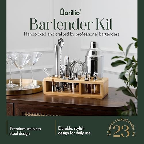 Miniatura 39 de Barillio Kit de barman de oro rosa – Juego de coctelera de acero inoxidable con soporte de bambú negro – Herramientas de barra de mixología con Rosa
