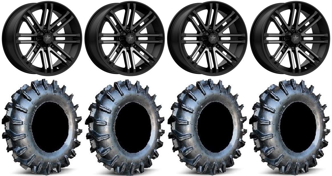 Bundle - 9 Items: MSA Black Rogue 16" ATV Wheels 34" MotoBoss Tires [4x137 Bolt Pattern 10mmx1.25 Lug Kit]