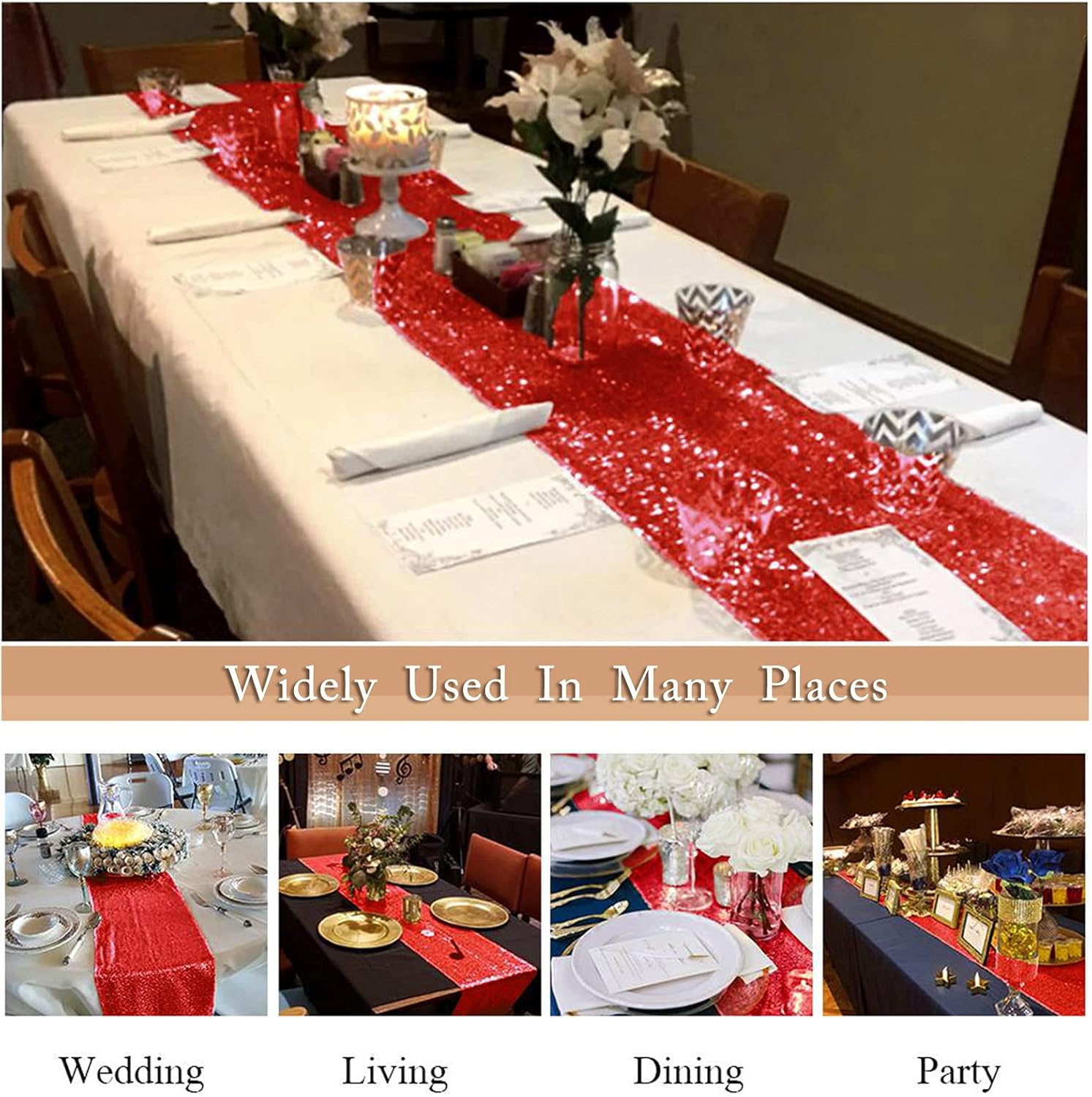 ShiDianYi Sequined Table Decor - Red Sparkle Table Runner, 14''x108'', Pack of 3 (3PC 14"x108" Red)