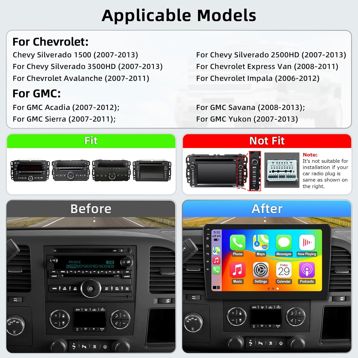 Car Stereo Radio for Chevy Silverado 2007-2013, Touch Screen Radio for Chevy Silverado 1500 with 10Inch 2+64GB Carplay & Android Auto Backup Camera