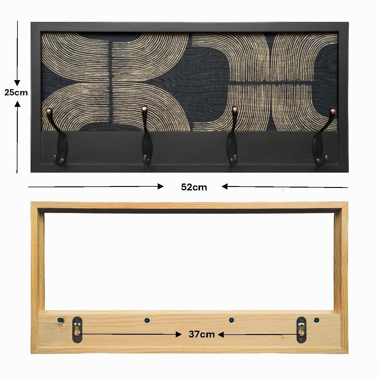 Perchero Pared Madera 52x25cm Mid-century Negro 4 Ganchos | Hecho en España. 4 ganchos dobles (8 colgadores) para ropa y abrigos. Ideal para entrada, salón u oficina.