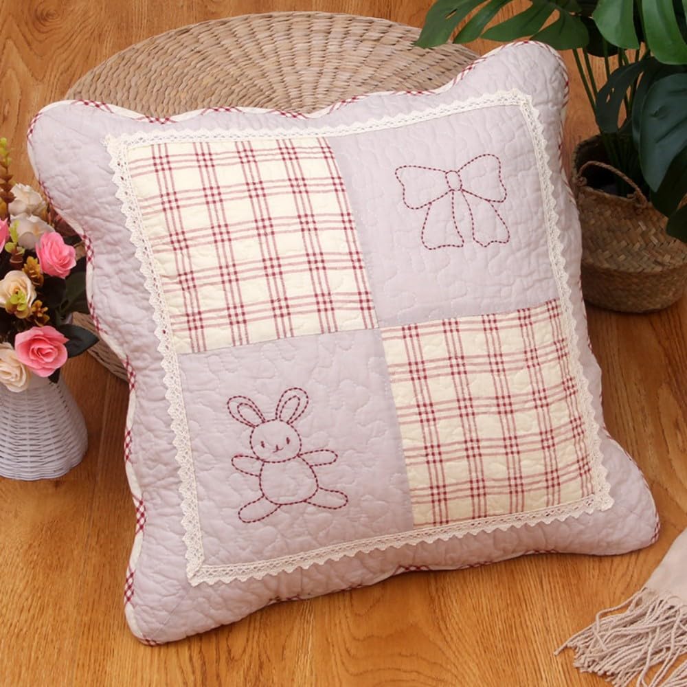 QIFONIX Vintage Patchwork Decorative Throw Pillow Cover, Floral Quilted Design with Pink Gingham Pattern, Scalloped Edge (Light Purple and Beige, 18" x 18" (Pack of 2))