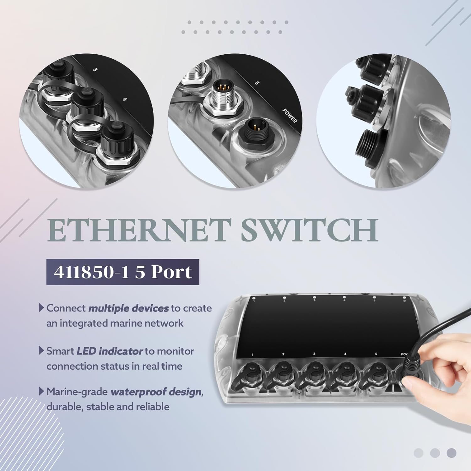 5 Port Ethernet Switch Replace for Humminbird 411850-1 AS ETH 5PGL, Marine Network Hub for APEX, SOLIX, Helix G4N G3N Fish Finders, Upgraded Ethernet Switch w/LED Connection Lights
