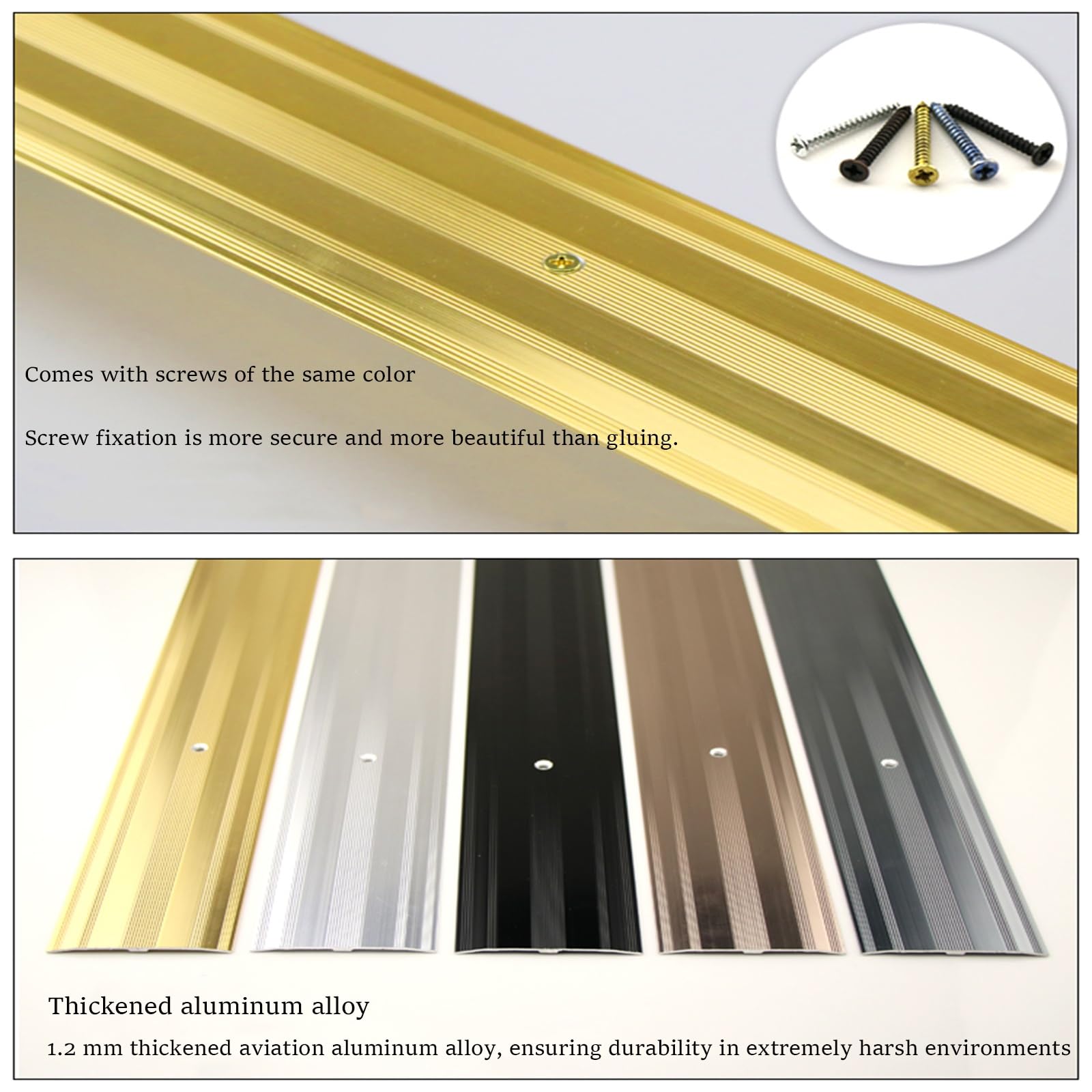 Tira de transición de metal para pisos, umbral ancho de aluminio plano para puertas y escaleras, borde antideslizante