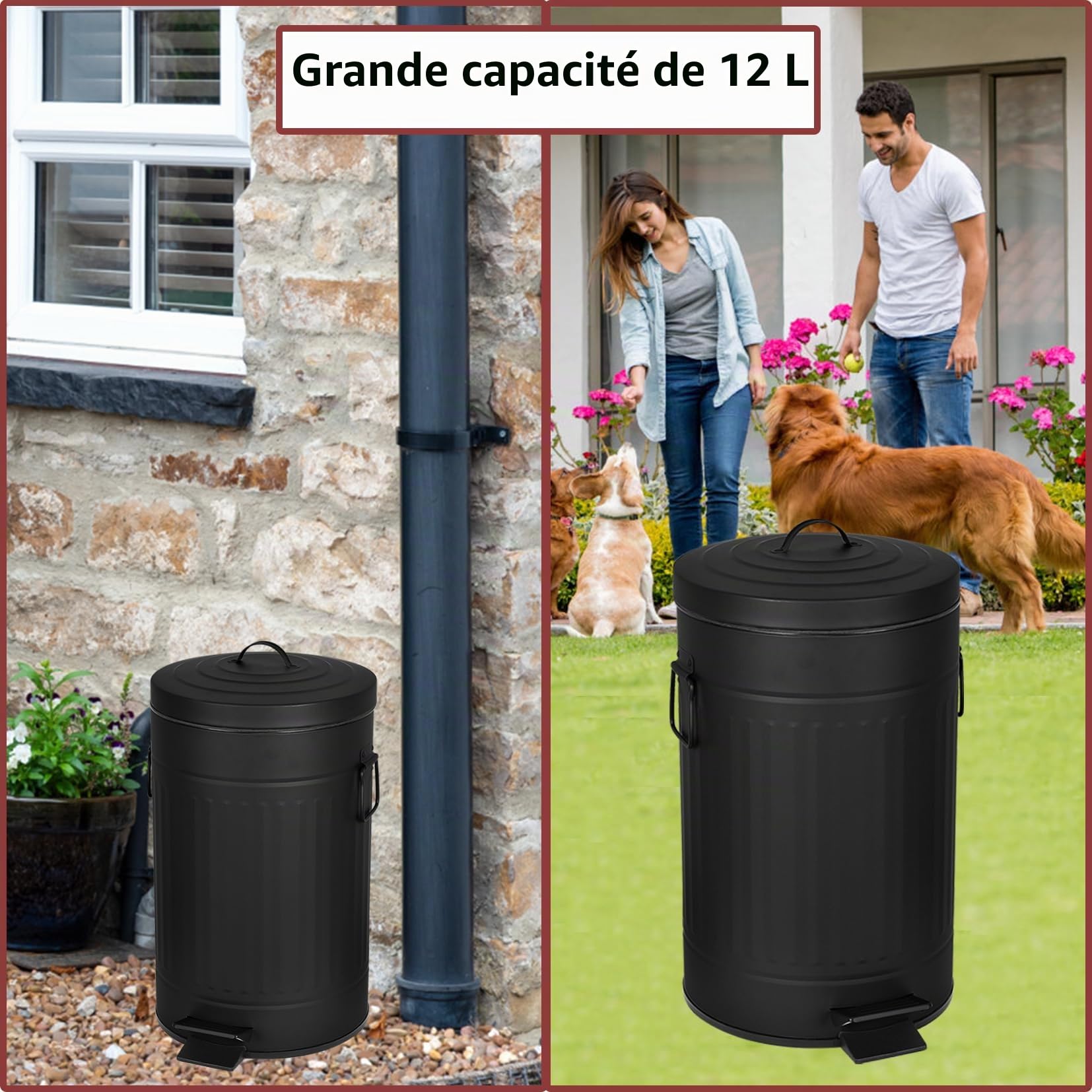 UP12L-BK-Y+90BK-New Poubelle à déjections canines avec couvercle pour l'extérieur avec filtre à charbon actif et sacs en plastique, 10 l