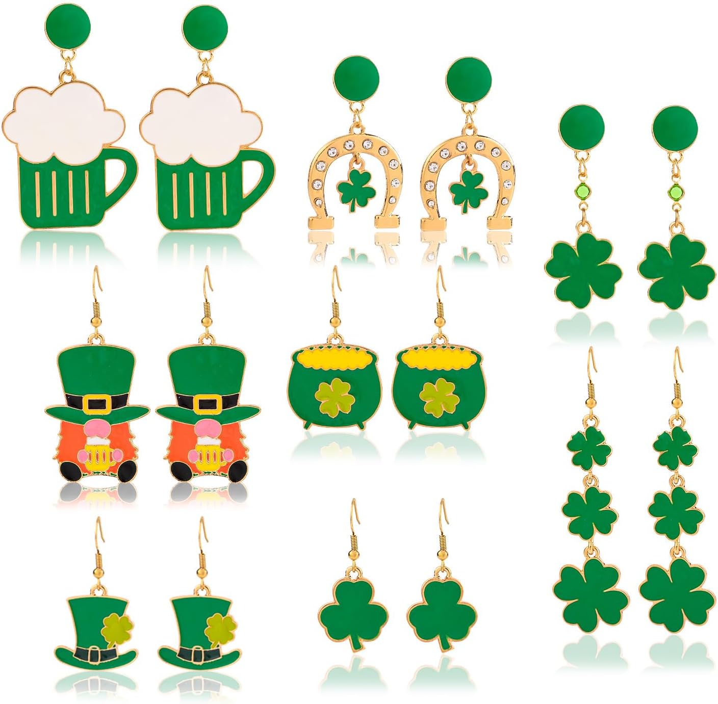 8 Pairs St. Patrick's Day Earrings, Irish Design Shamrock Dangle Earrings Green
