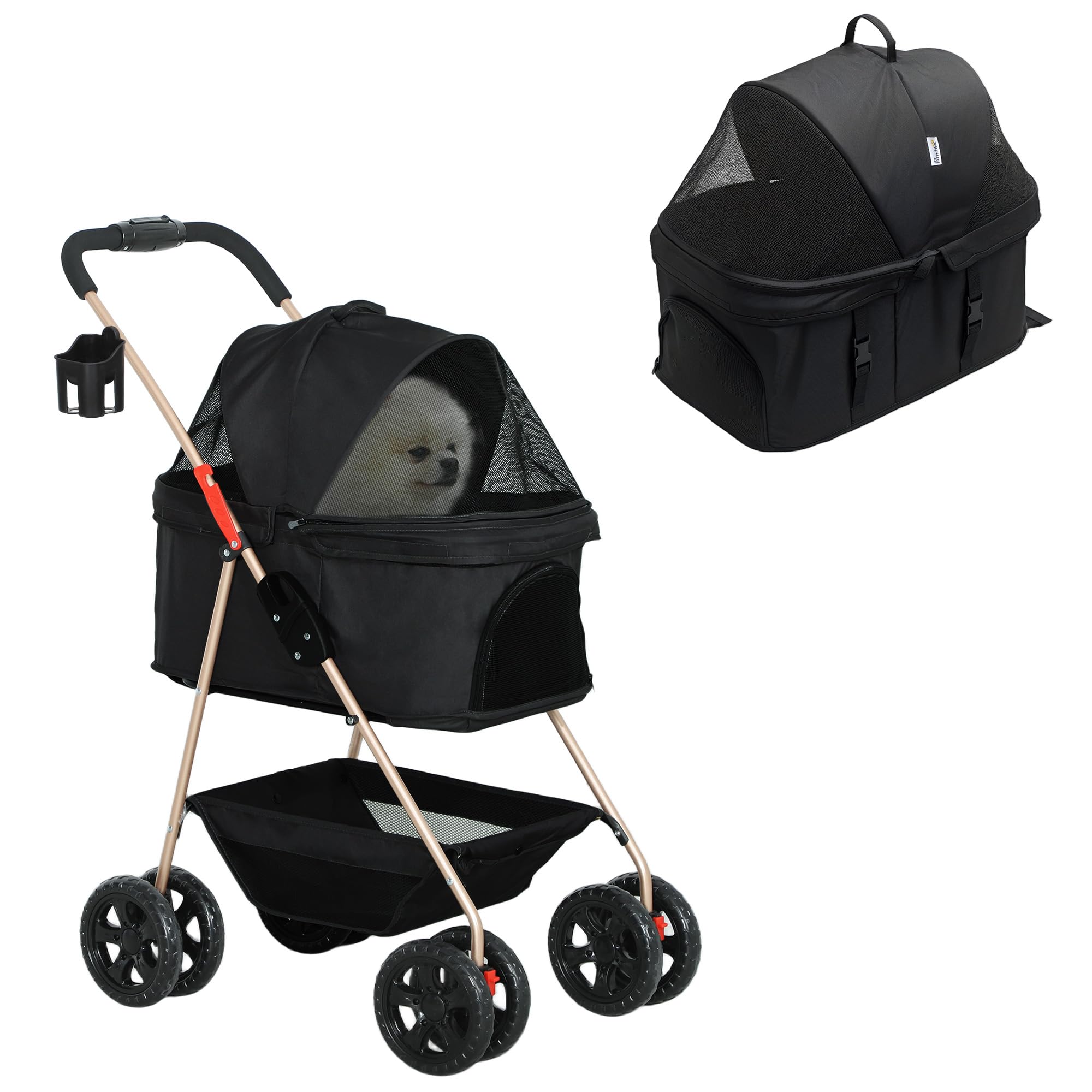 PawHut 3 in 1 Passeggino per Cani di Taglia Mini, Carrello Passeggino Pieghevole con Borsa Trasportino e Cestino Inferiore, Carrozzina per Cani Piccoli e Gatti con Guinzaglio e Portabicchieri, Nero