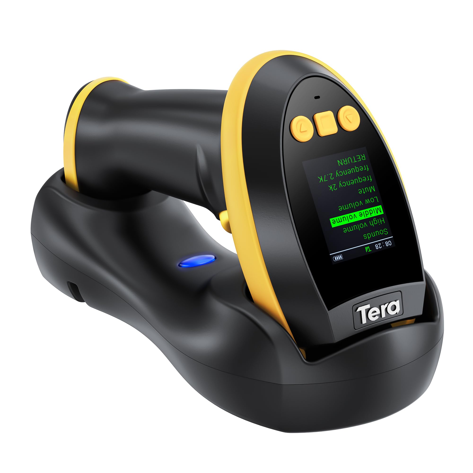 Tera Lecteur de codes-barres 2D sans fil : avec écran de réglage numérique et clavier, fonctionne avec Bluetooth et sans fil 2,4 G et USB filaire 1D 2D QR Lecteur de codes-barres portable avec support