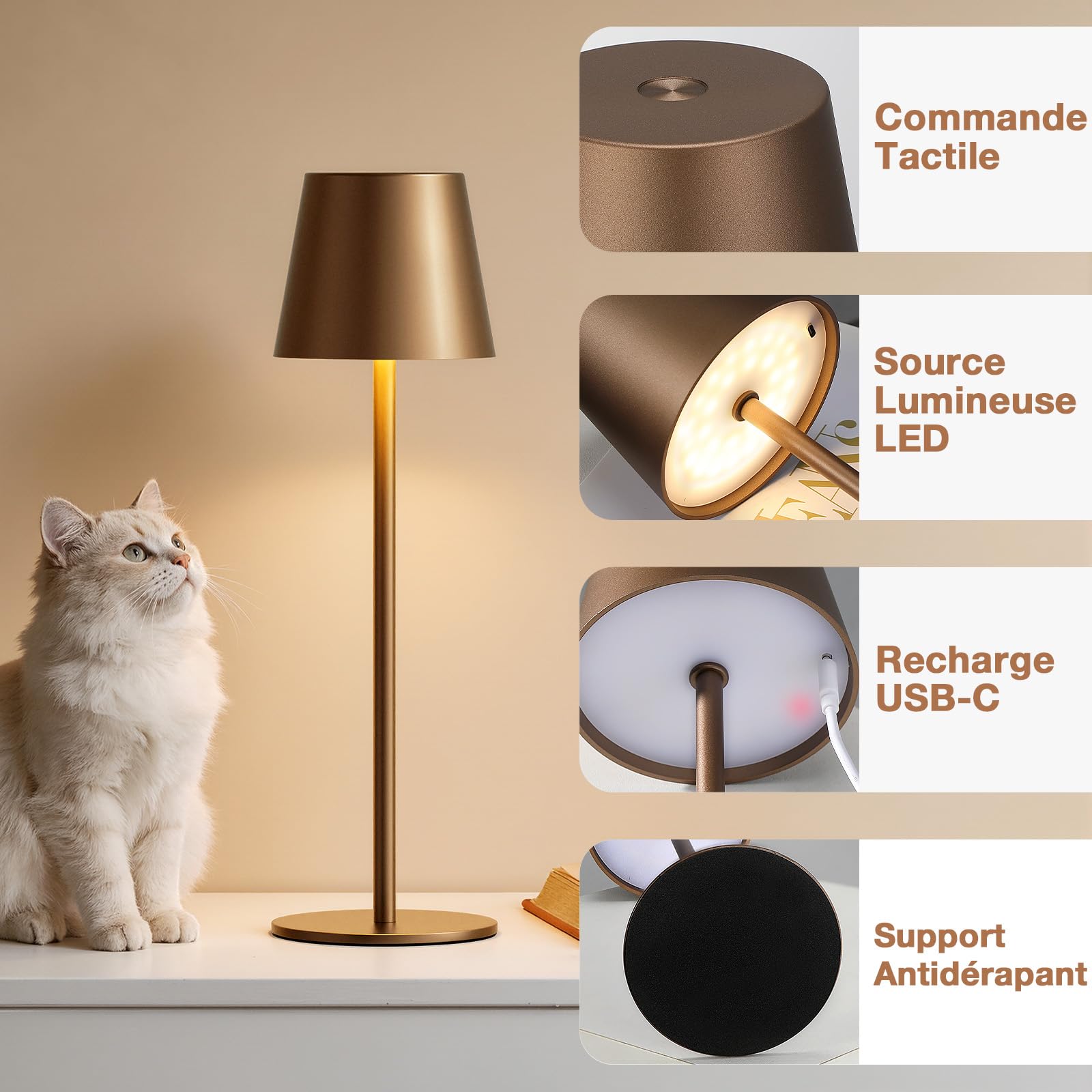 Lampe de Table Sans Fil Lot de 2, Lampe de Chevet Tactile, Marron