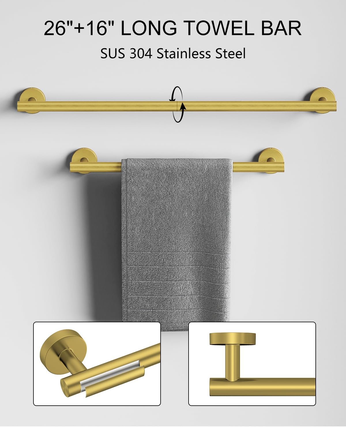 Bathroom Hardware Accessories Set 6 Pieces Brushed Gold 26" SUS 304 Stainless Steel Bath Towel Holder Bar Set Towel Rack Combination Wall Mounted for Kitchen, Laundry, Bedroom