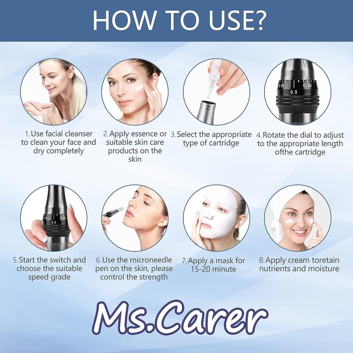 Dermapen - Microneedling Pen con 8 livelli di velocità, lunghezza regolabile, con 12 cartucce, con siero retinolo per microneedling (azzurro)