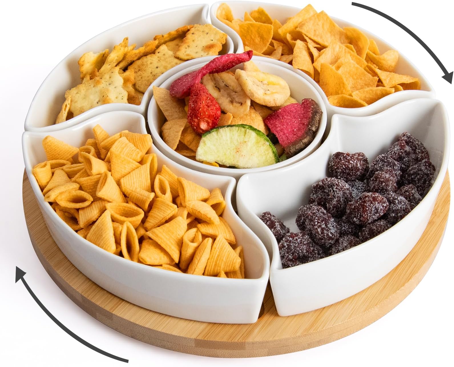 Serving Tray, Rotatable Serving Platters and Trays-11 Inch Divided Serving Dishes for Parties Kitchen Decor, Removable Serving Bowls for Chips and Dip, Condiment, Fruit, Veggies, Nut, Candy and Snacks