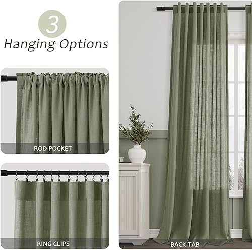 Miniatura 3 de Cortinas de mezcla de lino verde de 84 pulgadas de largo, 2 paneles para sala de estar, bolsillo con pestaña trasera, filtrado de luz, cortinas
