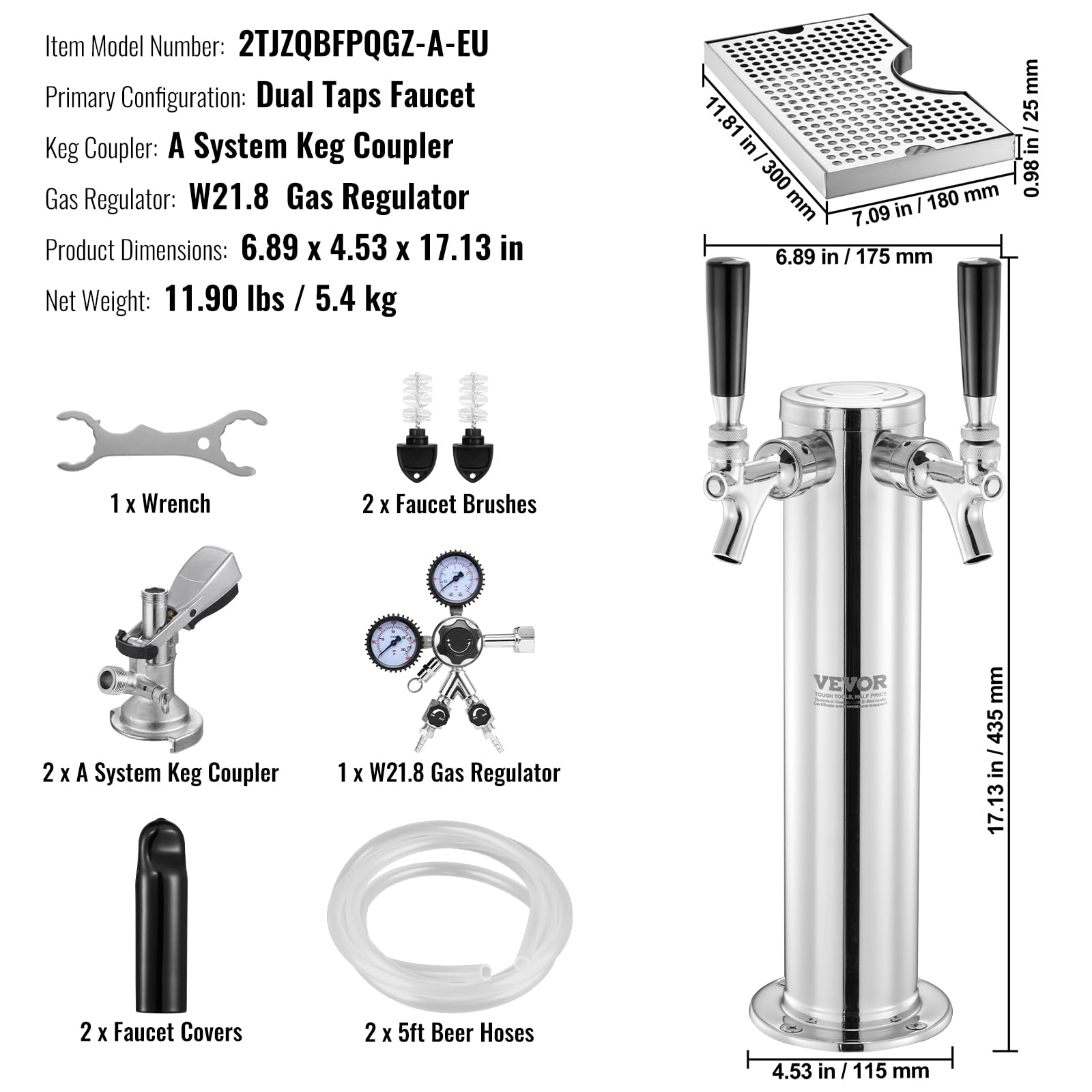 VEVOR Kit Colonne à Bière Double Robinet, Distributeur de Bière Acier Inoxydable, Tireuse à Bière avec Régulateur Double Jauge W21,8
