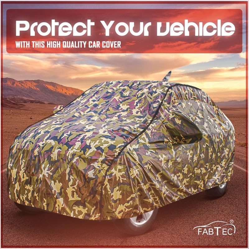 Image of FABTEC Car Body Cover for Honda Amaze Jungle Print with Soft Cotton Lining Waterproof Car Cover UV & Rain Protection with Mirror Pocket Bottom Elastic (Military /Camouflage Pattern)