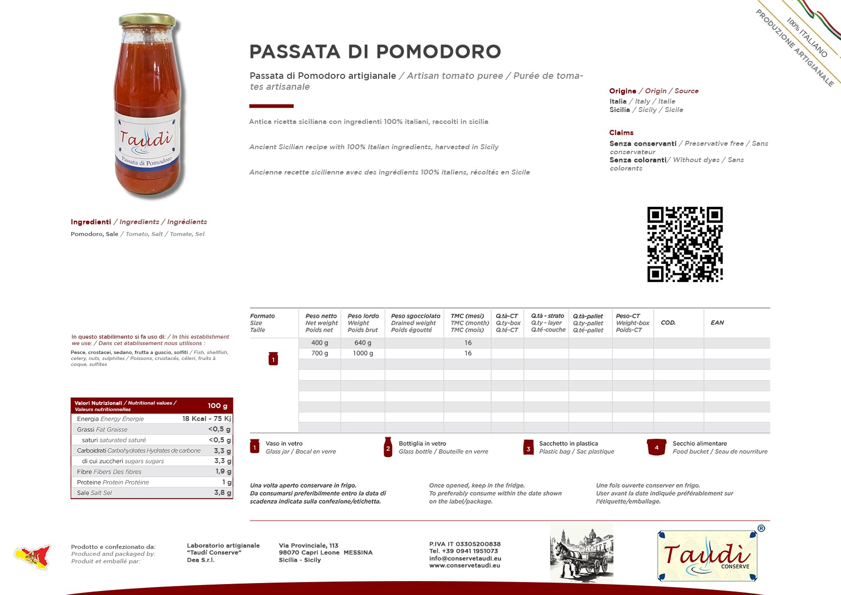 Taudì Conserve Passata De Tomate Artesanal Siciliana – 100% Natural, Sin Conservantes – Hecha Con Tomates Sicilianos Frescos – Ideal Para Salsas Y Pasta – Made in Italy - Tarro De Vidrio 700g