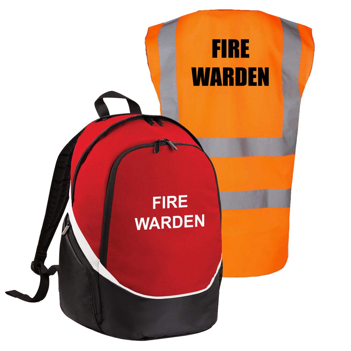 Workwear World Red/Black/White With White Print Printed Fire Warden Pro Backpack Kit - Workplace, Office & School Equipment Rucksack Bag With Hi Visibility Printed Vest