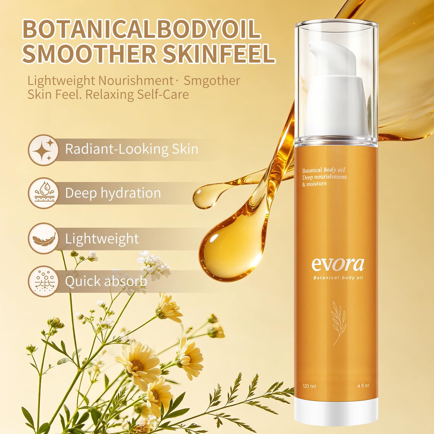 Botanical Body Oil for Silky Smooth Skin, Non‑Greasy Moisturizer, 4 Fl Oz