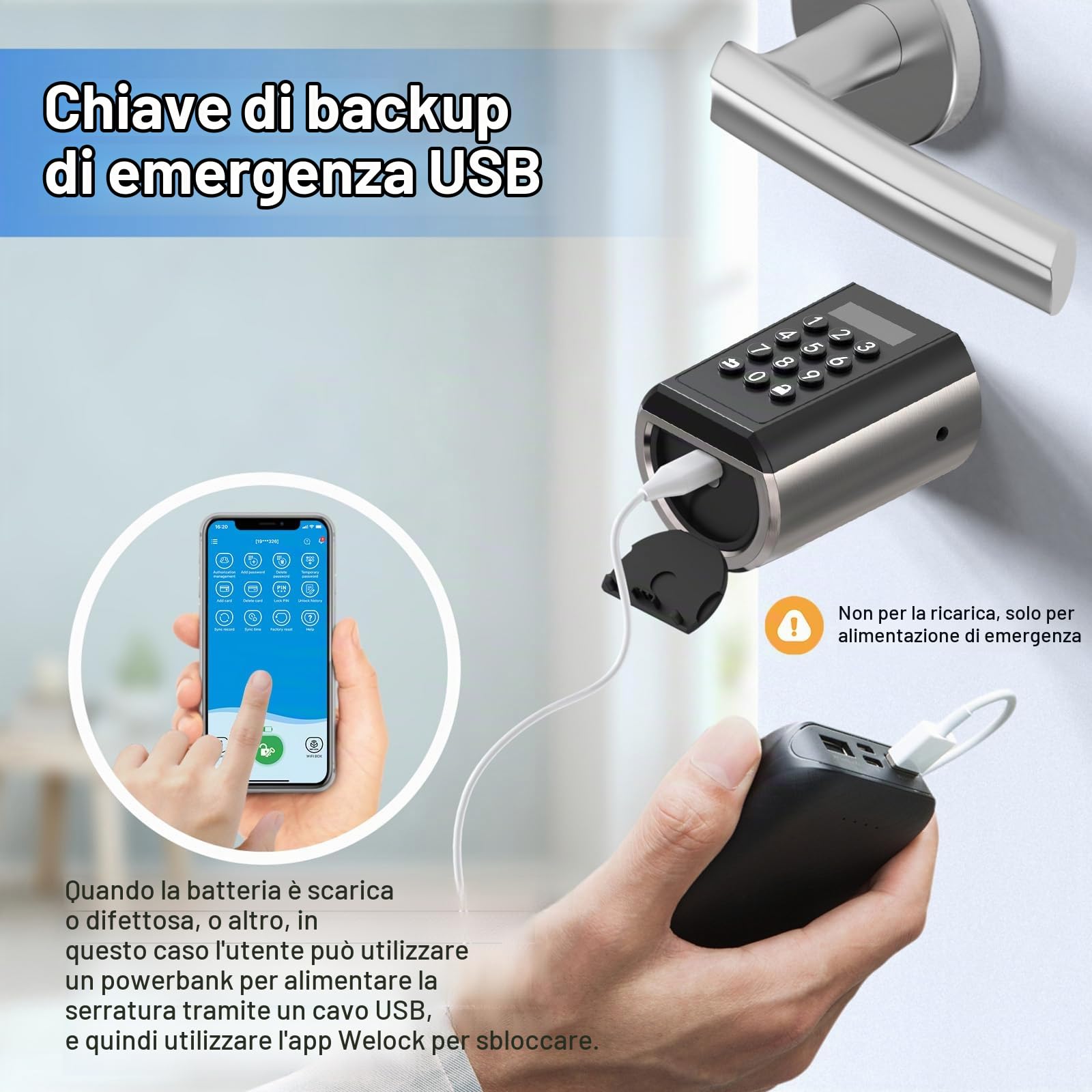 WELOCK PCB51 Smart Lock,Serratura Smart porta blindata,supporta PIN, RFID, APP e chiave di emergenza USB di backup,cilindro elettronico regolabile 30-70 mm