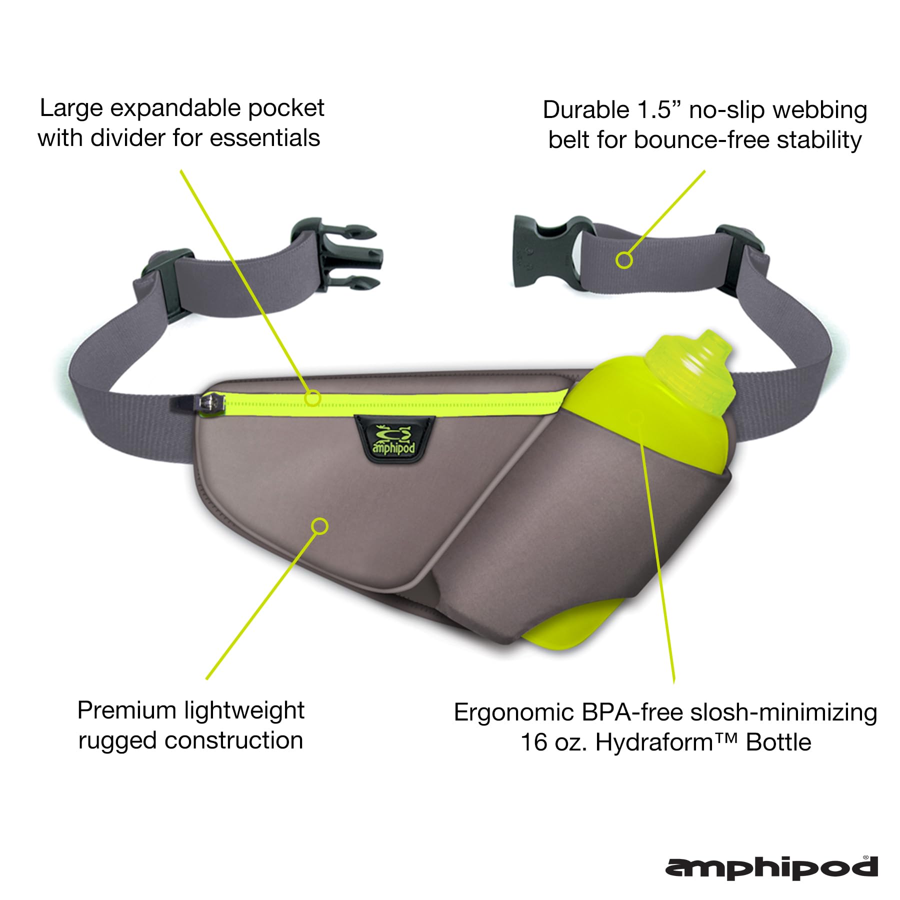 Amphipod High Five-K Flaschenpackung, Läufer-Hydratations-Taillengürtel für 5K/10K, Ultra Running & Walking, Männer und Frauen, Viz/Slate, 11 x 8 x 3 inches