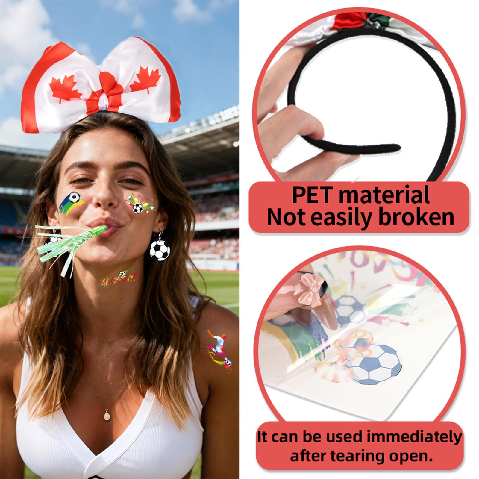 Canada Flag Soccer Headband,2026 Soccer Fan Support Kit for Canada Fans,Patriotic Party Supplies Includes Tattoos Stickers Bracelets Earrings & Whistles for Game Day Photo Props - 5