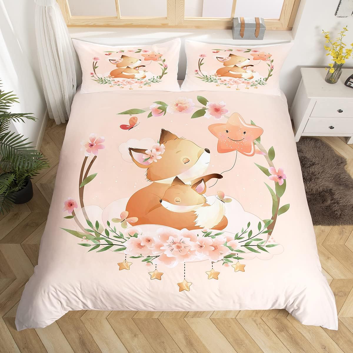 Housse de couette renard 200x200 pour enfant par Homewish parure de lit 3 pièces rose