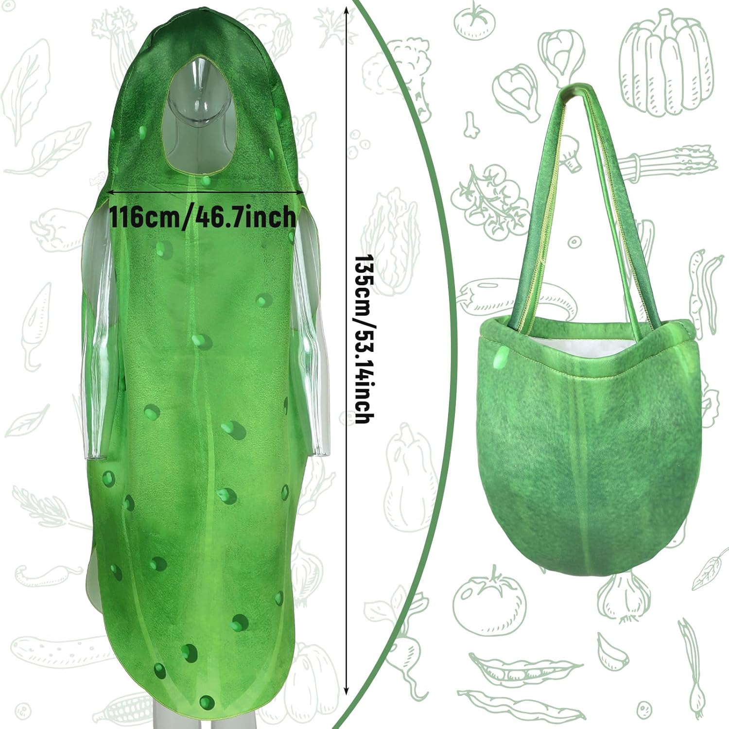 Retisee 2 Pcs Pickle Halloween Costume Green Cucumber Jumpsuit Costume Giant Vegetable Tunic Costume with Pickle Tote Bag for Gift Men Women Trick or Treating, One Size - Image 3
