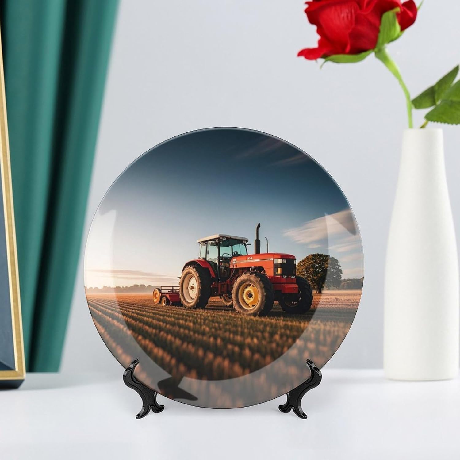Tractor Farm Decorative Ceramic Plate Round Porcelain Plate Decor Personalized Bone China Decorative Plates Ceramic Ornaments Dessert Plates with Display Stand 8inch
