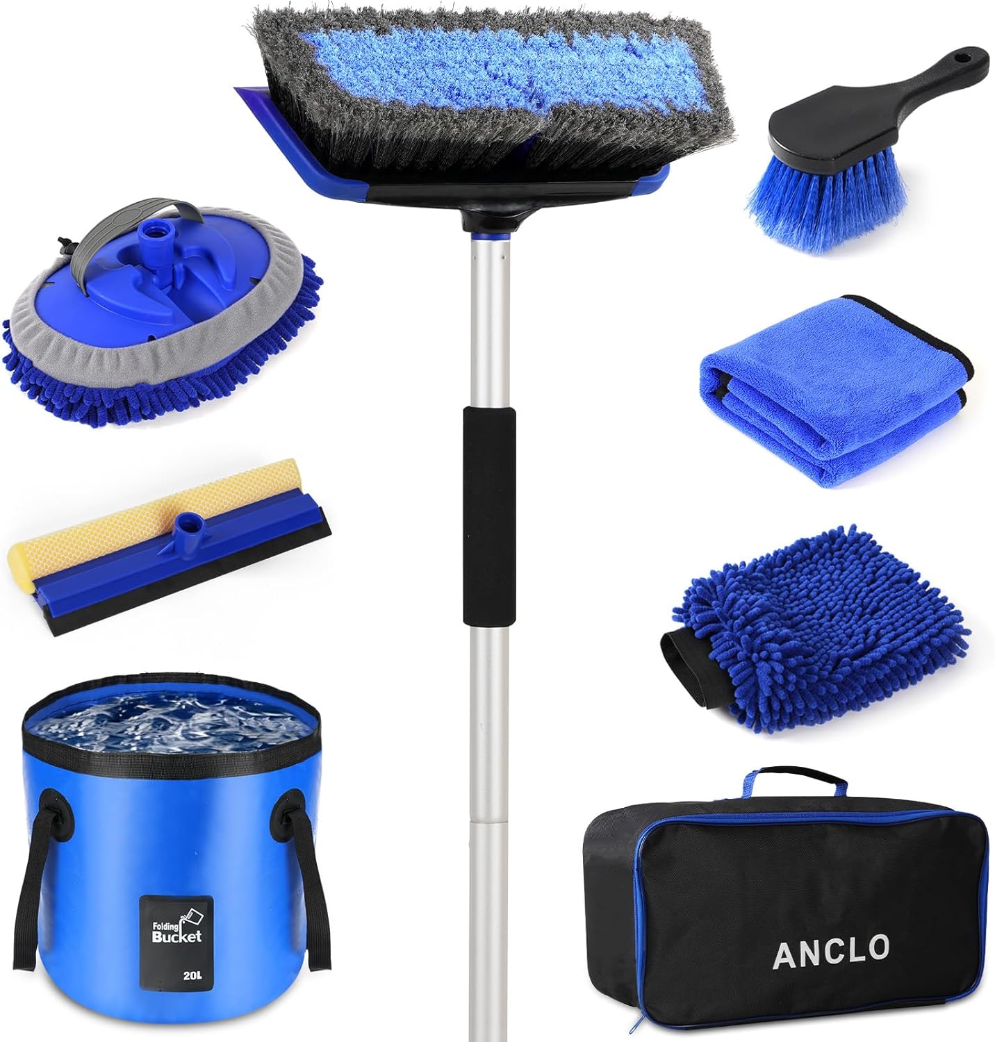 62'' Car Wash Brush with Long Handle, Scratch-Free Car Wash Mop Kit with Car Wash Bucket, Wheel Tire Brush, Wash Mitt Towel, Windshield Squeegee, Car Cleaning Brush Kit for Cars RV Truck Boat