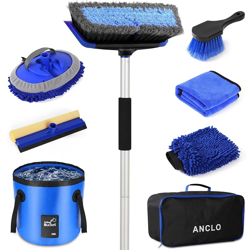 Kit de Limpeza Automotiva ANCLO com Escova de Lavagem de 157,5 cm, Rodo, Escova para Rodas, Luva, Toalha, Balde e Bolsa ANCLO003