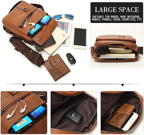 Miniatura 3 de Leathario Bolso bandolera de cuero para hombre, bolso de hombro para hombre, bolso bandolera para trabajo, negocios, viajes, Marrón claro-83