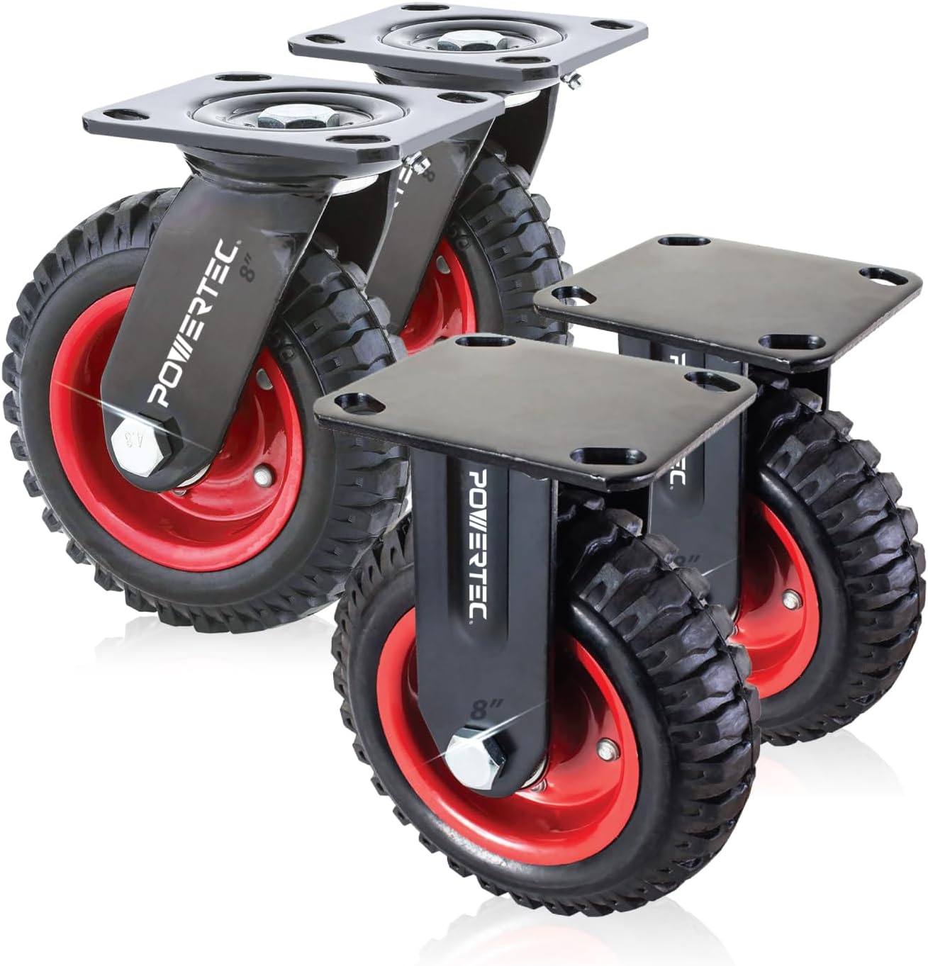 POWERTEC 8 Inch Caster Wheels Set of 4 (2 Swivel & 2 Fixed), Heavy Duty Casters w/Rubber Knobby Tread for Workbench, Dolly, Cart, Trolley, Wagon, Toolbox and Chicken Coop, Large Castor Wheels (17055W)
