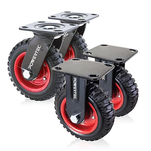 POWERTEC Ruedas giratorias de 8 pulgadas, ruedas giratorias resistentes con banda de rodadura de goma para banco de trabajo, carrito, carro, carro,